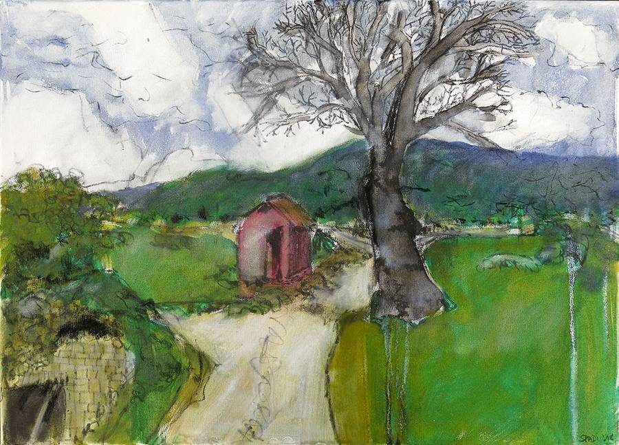 Skadi_Engeln_Malerei_In_den_Weinbergen_hinter_Sant-Antimo_Toskana_50x70_2018_frei_nach_Wolf_Hosbach