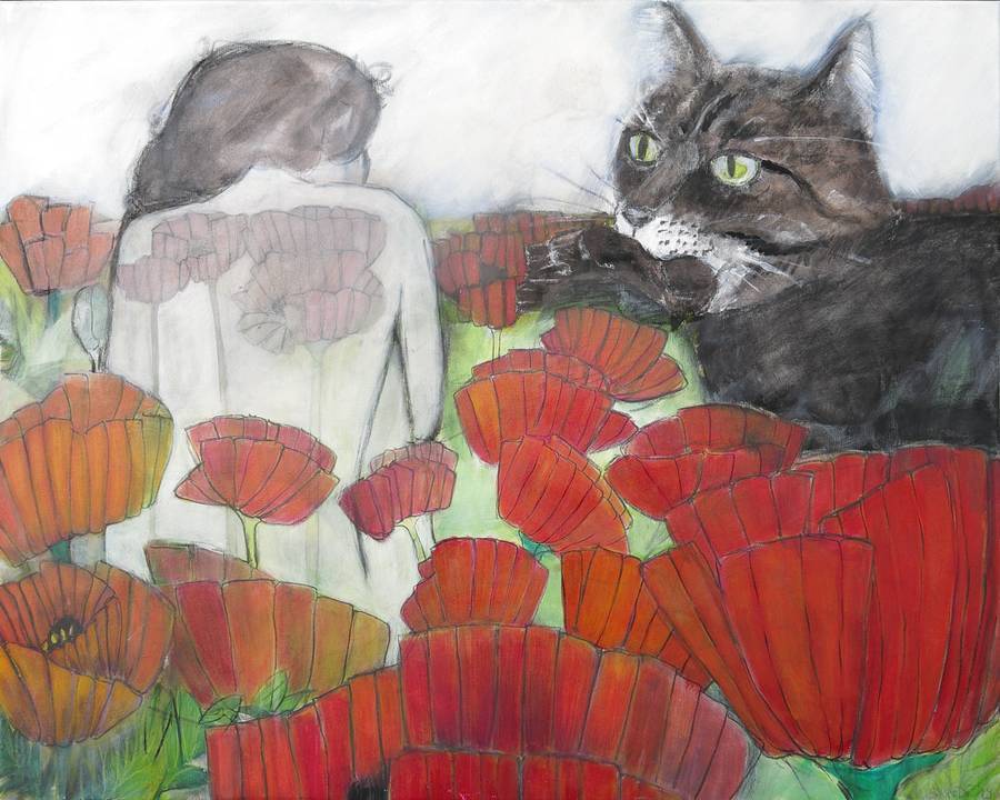 Skadi_Engeln_Malerei_die_Katze_faengt_den_Vogel_80x100_2019