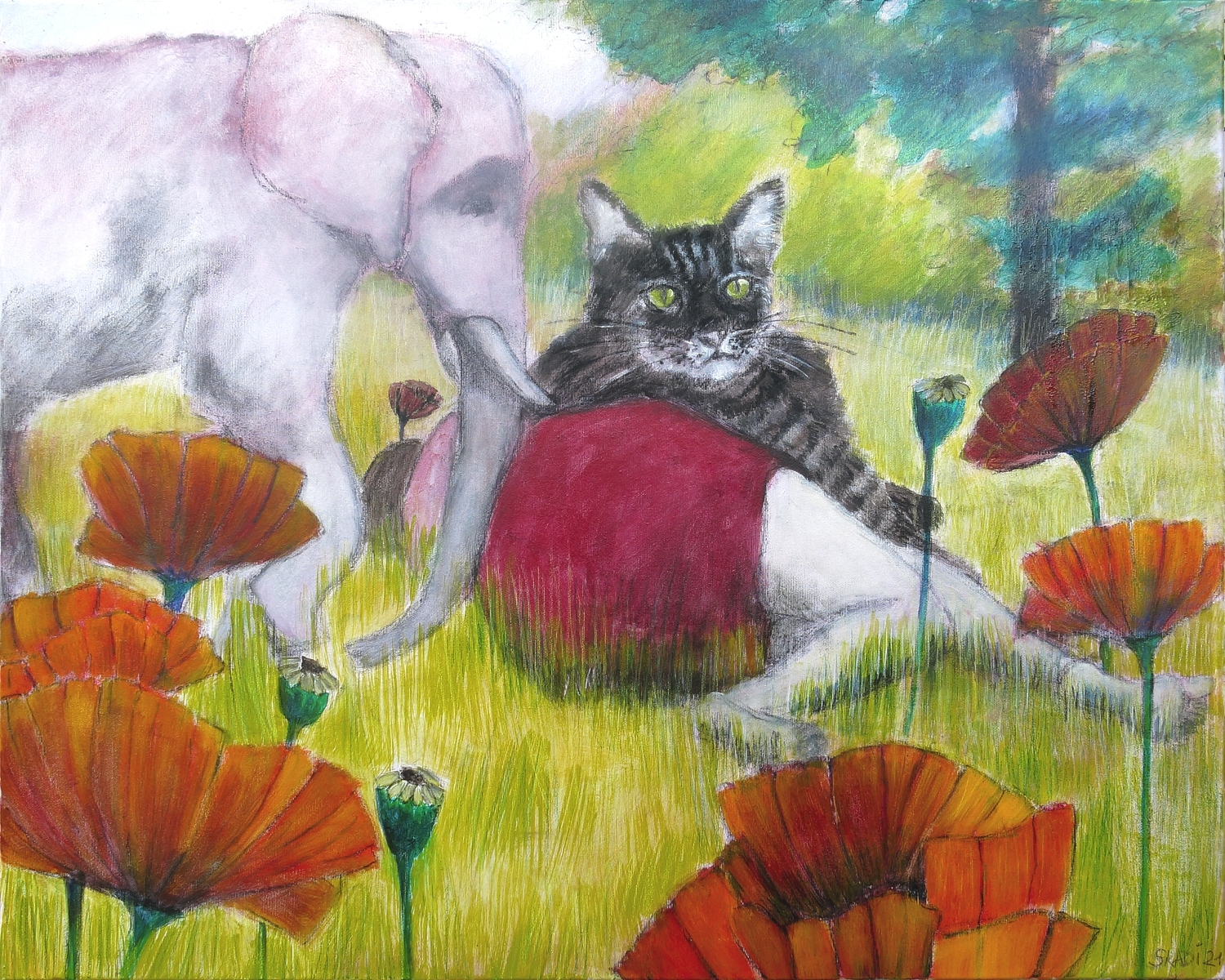 Skadi_Engeln_Malerei_Frau_Katze_und_Elefant_3_80x100_Tempera_Kreiden_Kohle_2021l1500