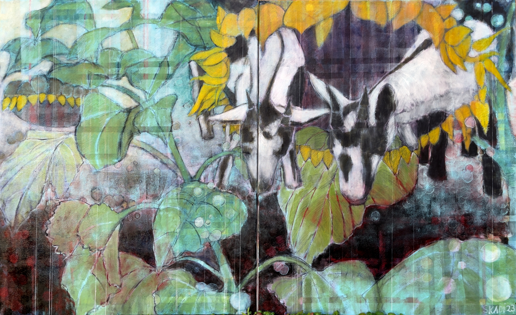 Skadi_Engeln_Ziegen_und_Sonnenblumen_Malerei_Tempera_Kohle_Kreiden_Leinwand_Dyptichon_100x160cm_2023_2000