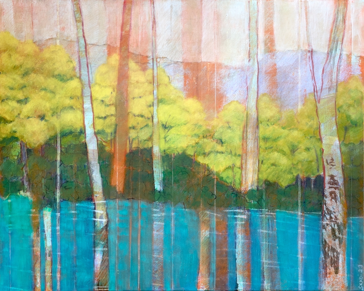 Skadi_Engeln_hellgruener_wald_am_see_Tempera_auf_Leinwand_80x100cm_2023_1500