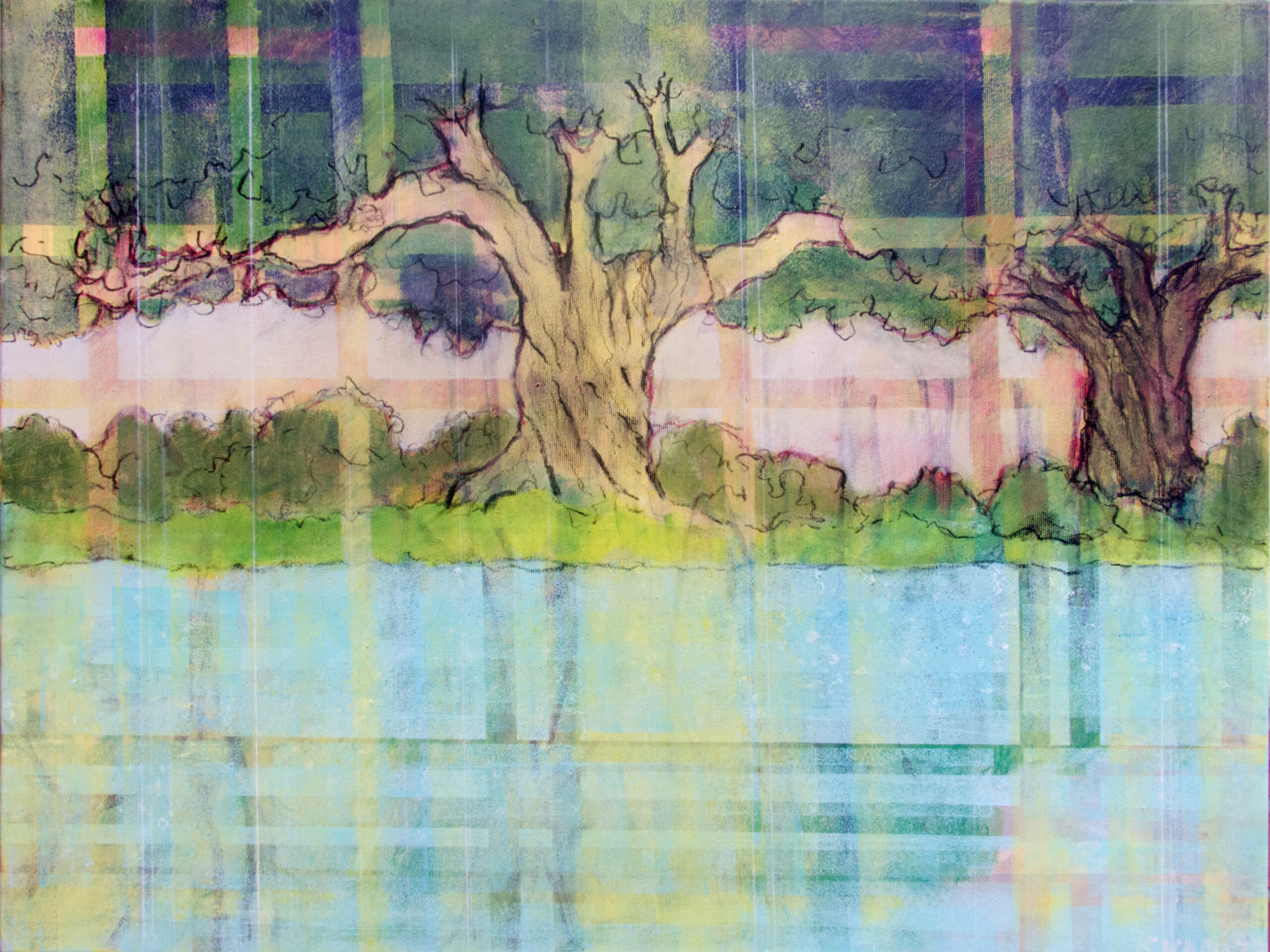 Olivenbäume am Fluß, Tempera, Kohle und Kreiden, auf Leinwand, 60 x 80 cm