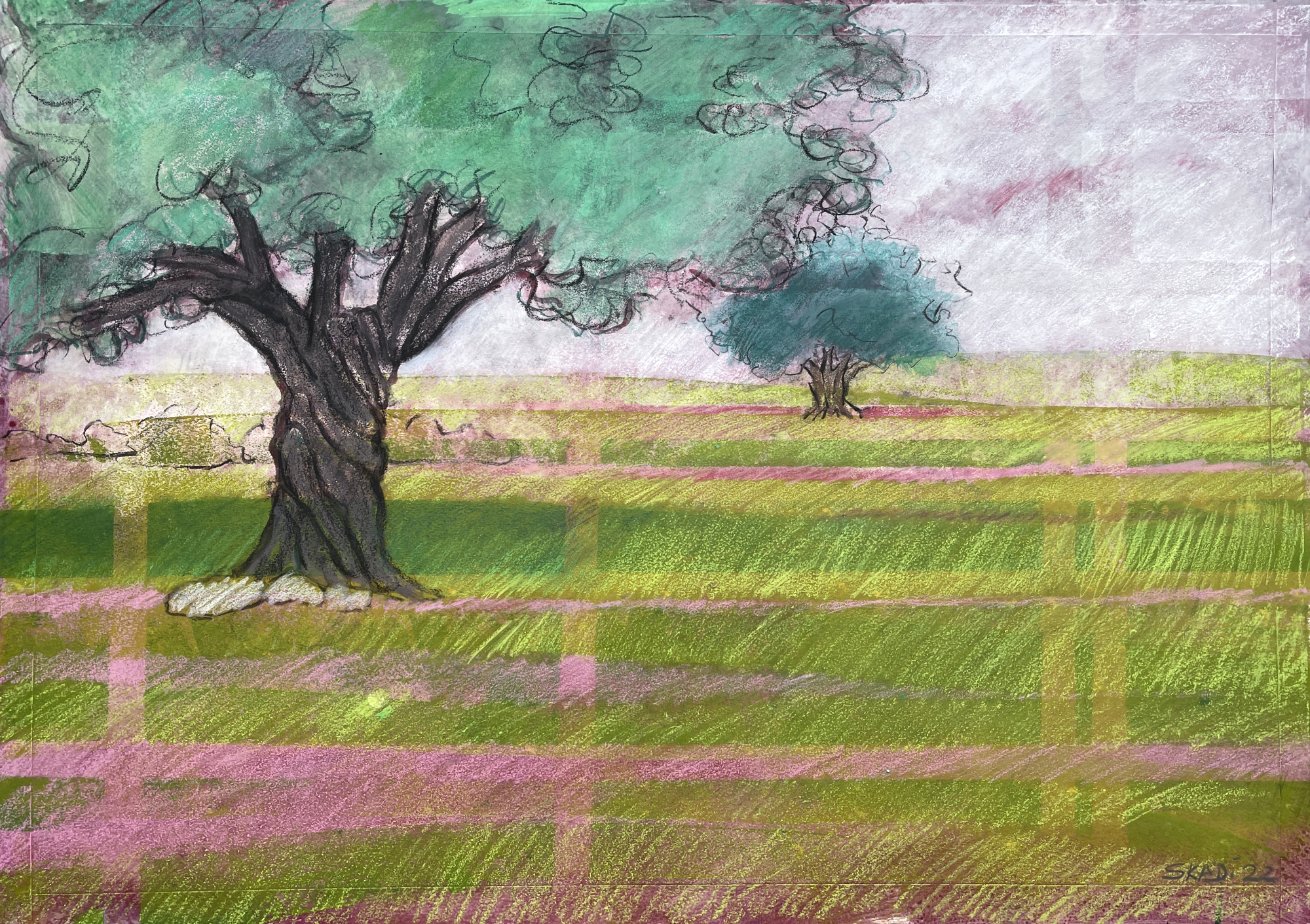 Olivenbaum auf der Wiese, Tempera, Kohle und Kreiden, auf Papier, 50 x 70 cm